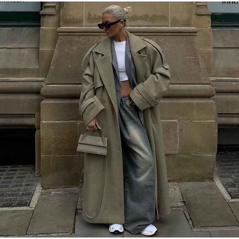 "Elegante cappotto lungo in lana da donna - Trench con cintura e collo a revers, vestibilità oversize, caldo capospalla invernale, elegante e comodo"_voghion.com