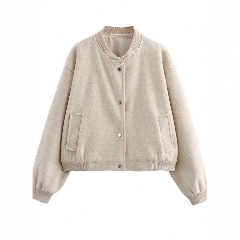 Baseballjacke aus Wollmischung für Damen – Lässiger Bombermantel mit langen Ärmeln und Taschen (S-XL, Khaki)_voghion.com