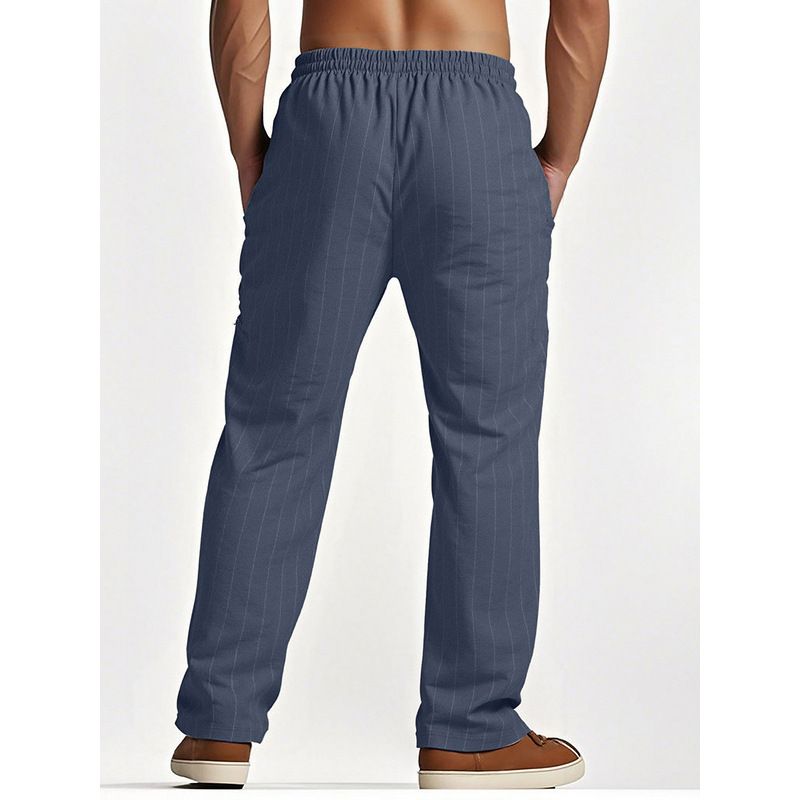 2025 Linen Summer Beach Drawstring Vertical Stripes Straight Comfortable Breathable Casual Long Men's Pants_voghion.com