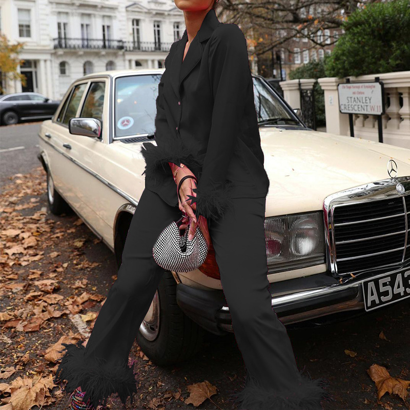 Vêtements pour femmes printemps nouveau Style tempérament Sexy costume col haut décontracté pantalon droit Satin deux pièces ensemble_voghion.com