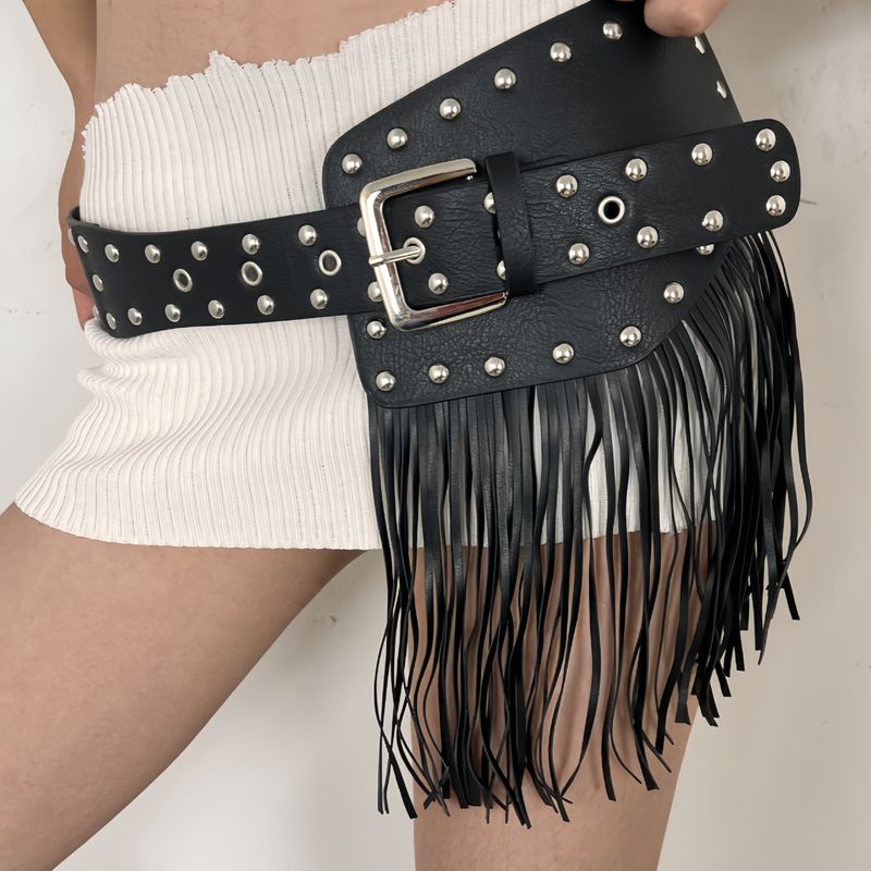 Punk Rock Fringe Waist Cincher - Adjustable Wide Belt With Chains & Studs For Edgy Layering_voghion.com