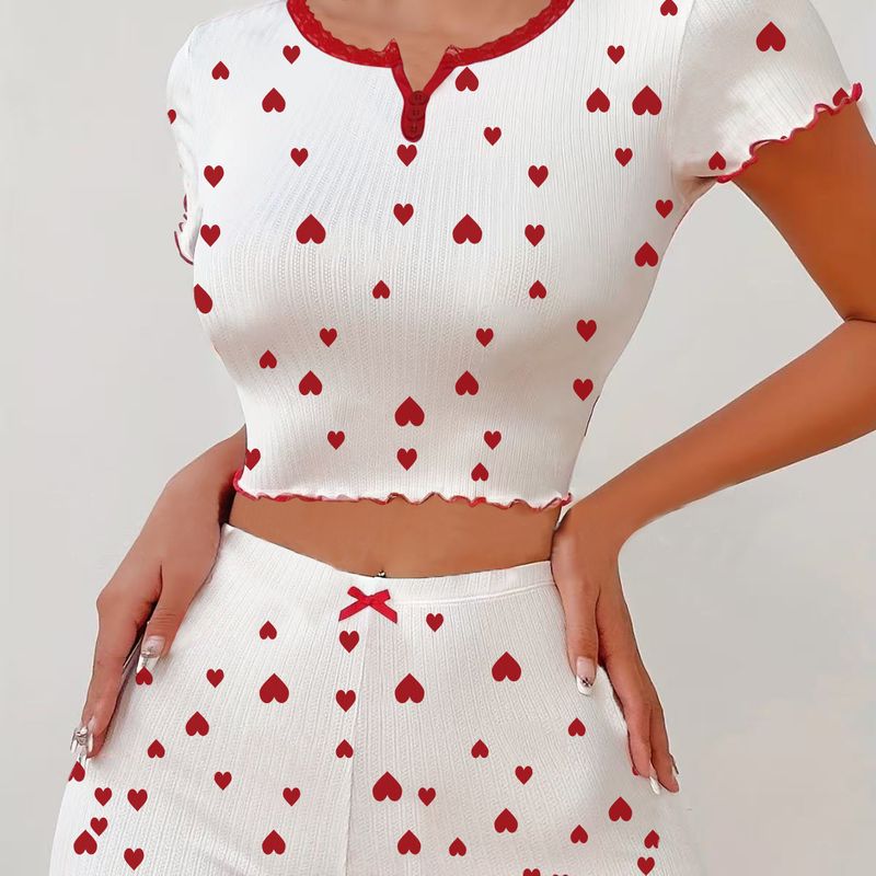 Women's Sleepwears Jacquard Pit Shorts Short Sleeved Love Women's Pajamas Set Can Be Worn As Home Clothes_voghion.com