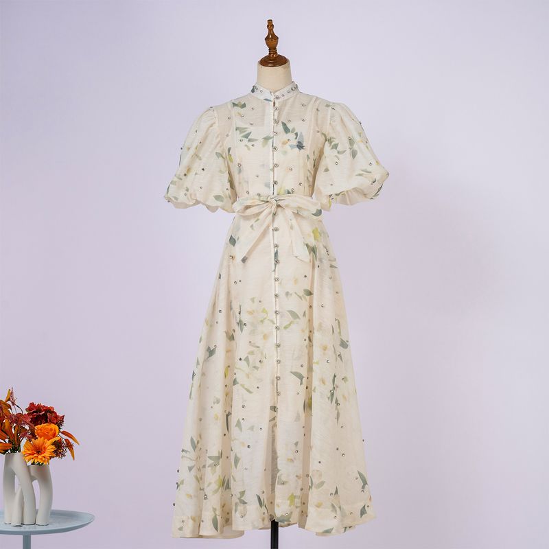 Robe à simple boutonnage, manches courtes, style palais d'été, design haut de gamme, résistante, clou diamant_voghion.com