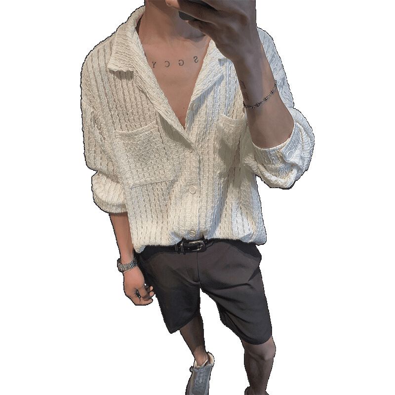 Camicia da uomo a maniche lunghe con colletto cubano, stile neutro, di qualità imbattibile, traforata, di alta qualità, fresca ed elegante, estiva Yuppie._voghion.com