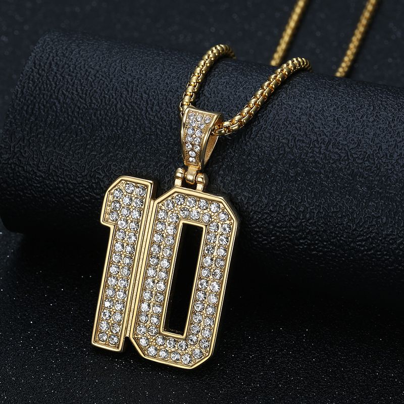 Collana con ciondolo a forma di numero 10 in acciaio inossidabile placcato oro con diamanti, gioielli da uomo Hip Hop HIPHOP_voghion.com
