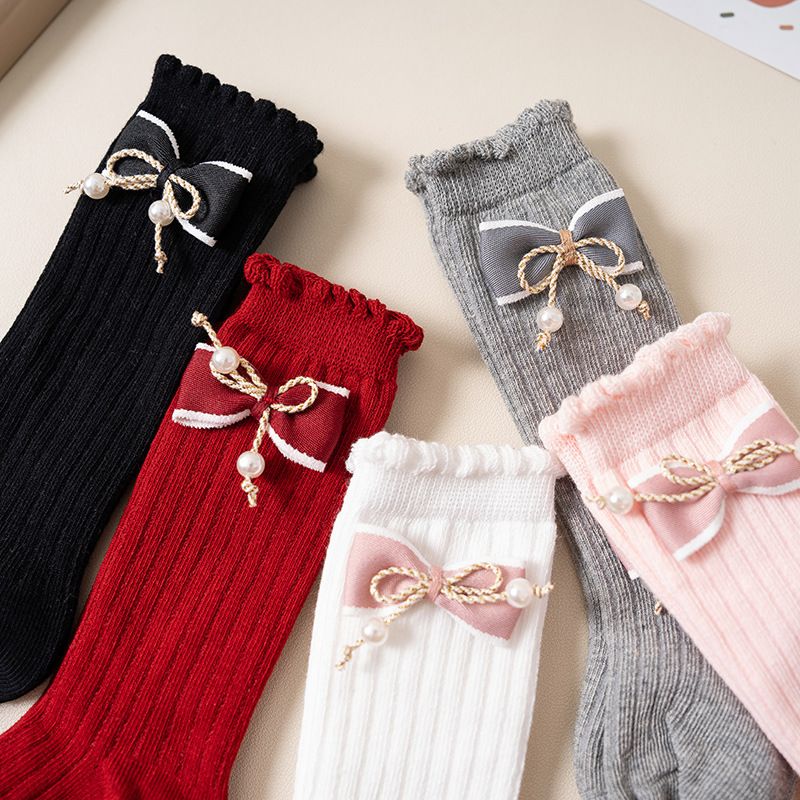 Mother & Kids Stacked Socks Solid Color Double Needle Calf Socks Girls Baby Autumn and Winter Vertical Striped Bowknot Middle Tube Socks Wholesale_voghion.com