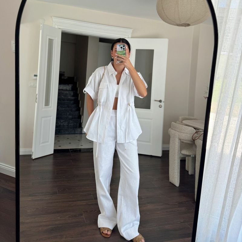 Women's Clothing Casual Workwear Pocket Drawstring Short Sleeved Shirt Trousers Summer Two Piece Suit_voghion.com