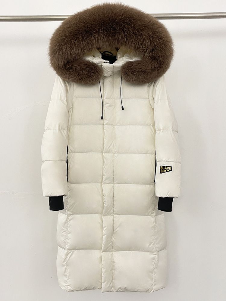 Luxus-Daunenmantel mit Fuchs-/Waschbärpelzkragen – Lange Winterjacke für Damen (Schwarz/Burgund/Creme, S-3XL)_voghion.com