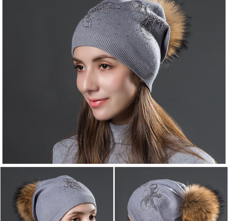 Women's Winter Fur Raccoon Ball Warm Hot Diamond Hollow Butterfly Knitted Versatile Fashion Pullover Hat_voghion.com