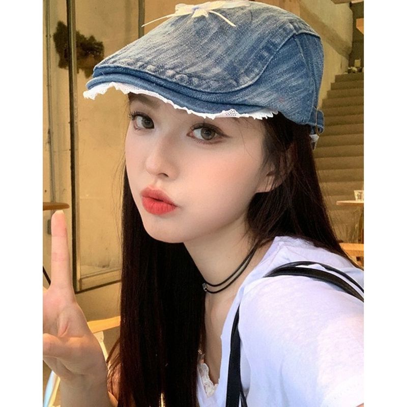 Bow Design Frontkrempe Hut Damen gewaschen Cool Girl Cowboyhut Schatten Entenzunge Baskenmütze_voghion.com