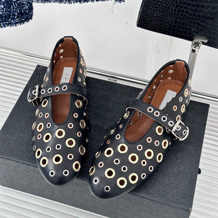 Di alta qualità 2023, nuove e alla moda, Mary Jane con rivetti in metallo, in vera pelle, con testa tonda e fondo piatto, per danza classica_voghion.com