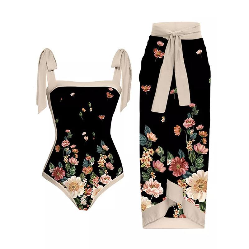 2023 ins style printed swimsuit conservative one piece two-piece swimsuit women's large polyester printed beach skirt_voghion.com