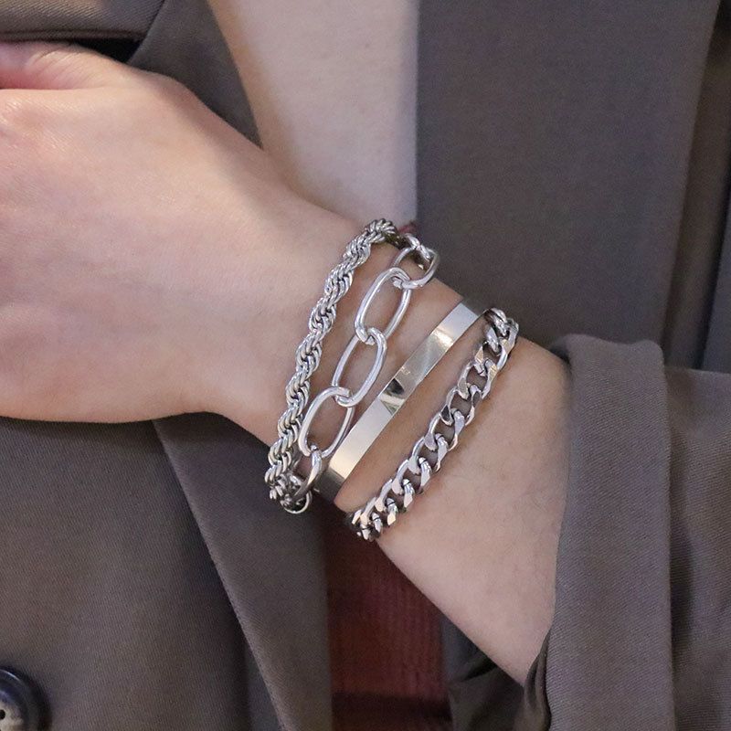 Set di 4 pezzi in lega, bracciale con catena intrecciata in metallo punk cubano hip-hop_voghion.com