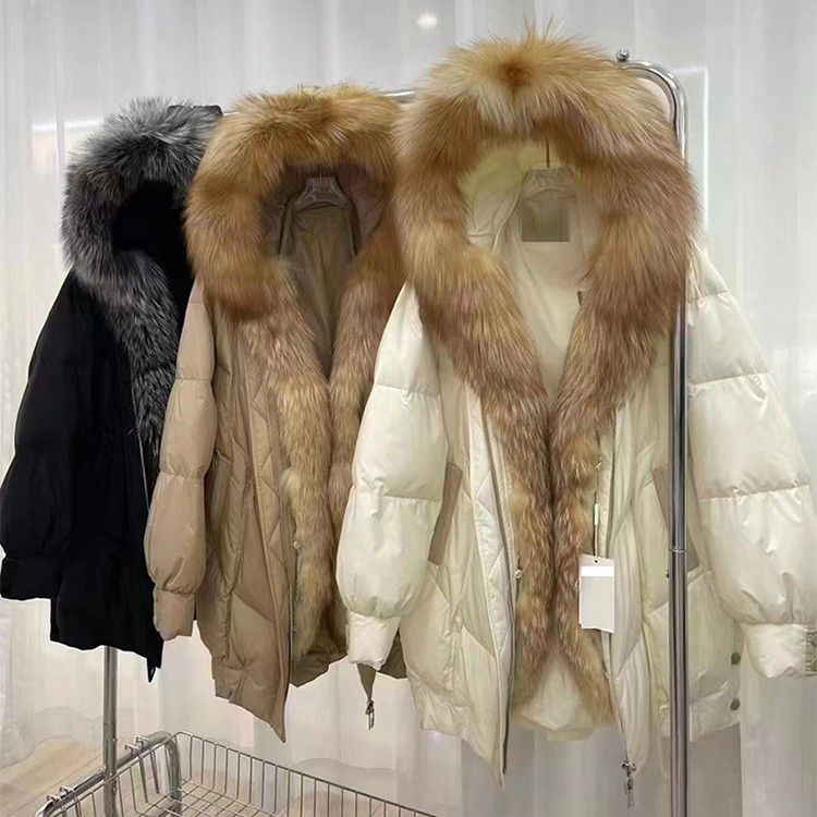 Abrigo de plumón con capucha y ribete de piel de zorro de lujo para mujer: chaqueta acolchada larga con relleno de plumas de pato blancas de alta calidad, corte holgado y elegante._voghion.com