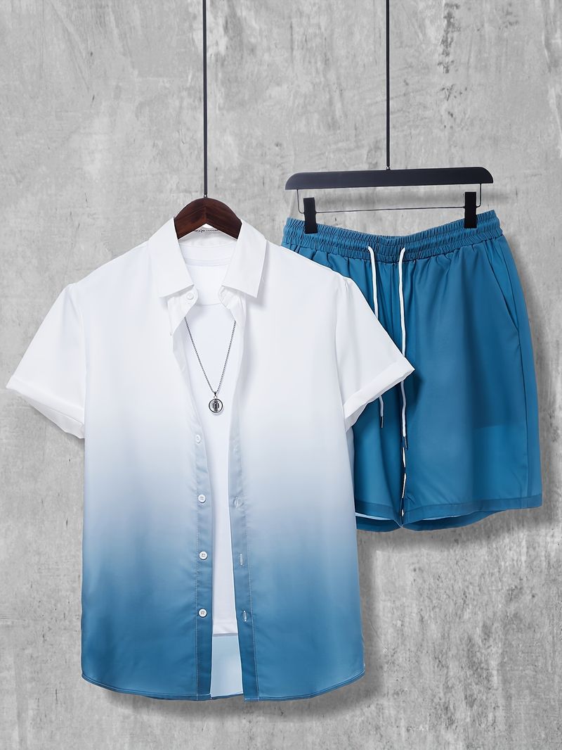 Camicia Hawaii di qualità imbattibile per uomo, casual, da vacanza, con pantaloncini a maniche corte, set da due pezzi_voghion.com