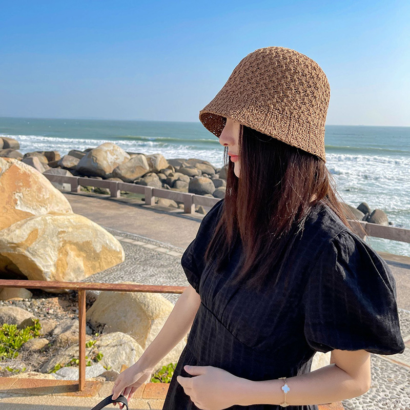 New Arrivals Solid Color Braid Bucket Hat For Women Summer Hollow Out Breathable Beach Hats Knit Dome Fisherman Caps Lady Sunshade_voghion.com
