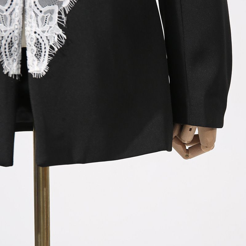 Blazer con corsetto e inserti in pizzo – Giacca slim fit con scollo a V, adatta per lavoro e discoteca (nero floreale, S/M/L/XL)_voghion.com