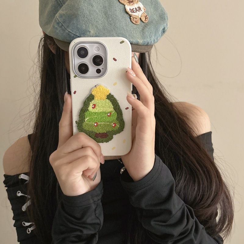 Leather Texture Embroidered Christmas Tree Case For IPhone 16 Pro Max, 15, 14, Autumn And Winter_voghion.com