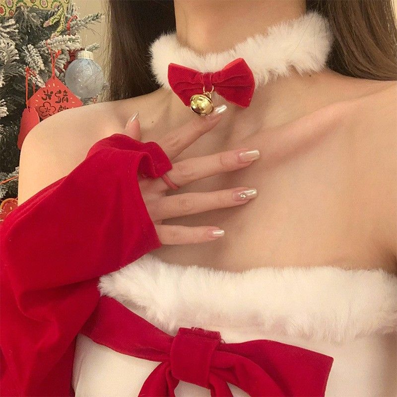 Red Velvet Bell Necklace With Bowknot For Women, Plush Ribbon Choker Collarbone Chain Accessory_voghion.com