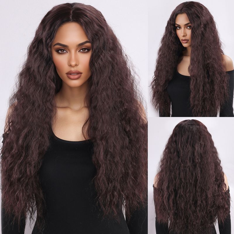 Parrucca con extension per capelli, nuova parrucca per donna, capelli neri ricci alla moda, ondulati, ricci di mais, riga centrale, frangia, copricapo completo._voghion.com
