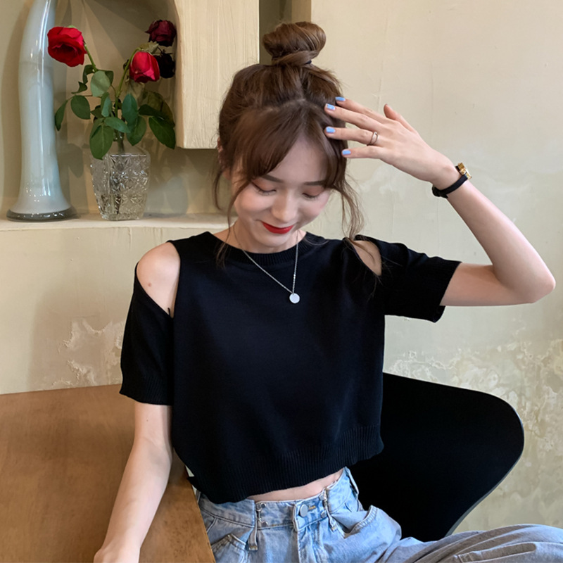 Off shoulder design top and bottom, summer slim fit short sleeved knitted t-shirt for women's clothing_voghion.com