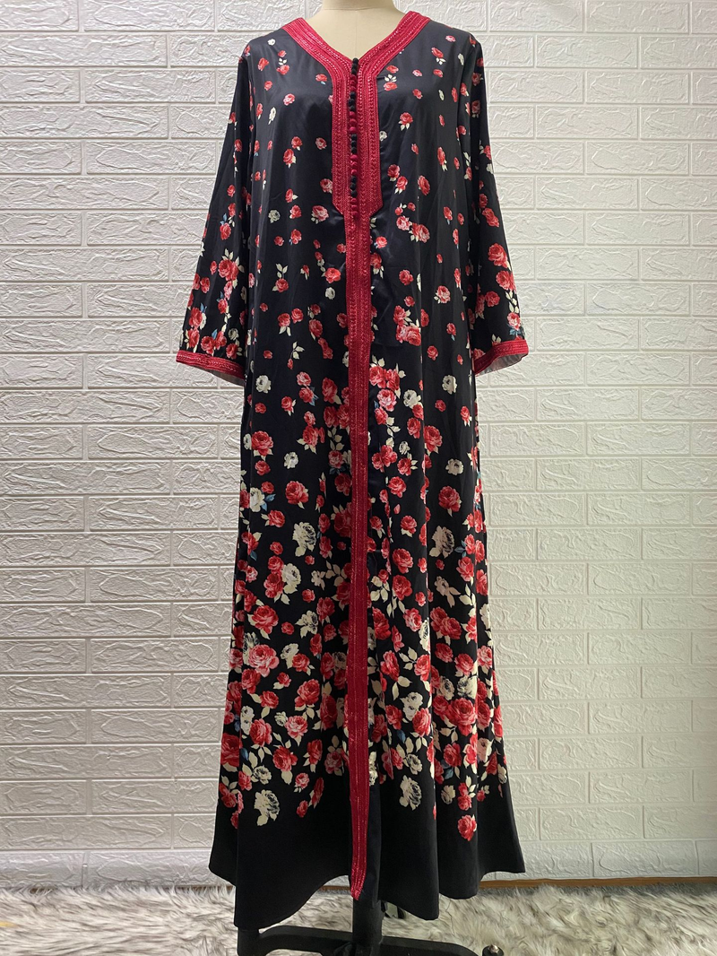 Damklänning med V-ringning och blommönster, långärmad abaya_voghion.com