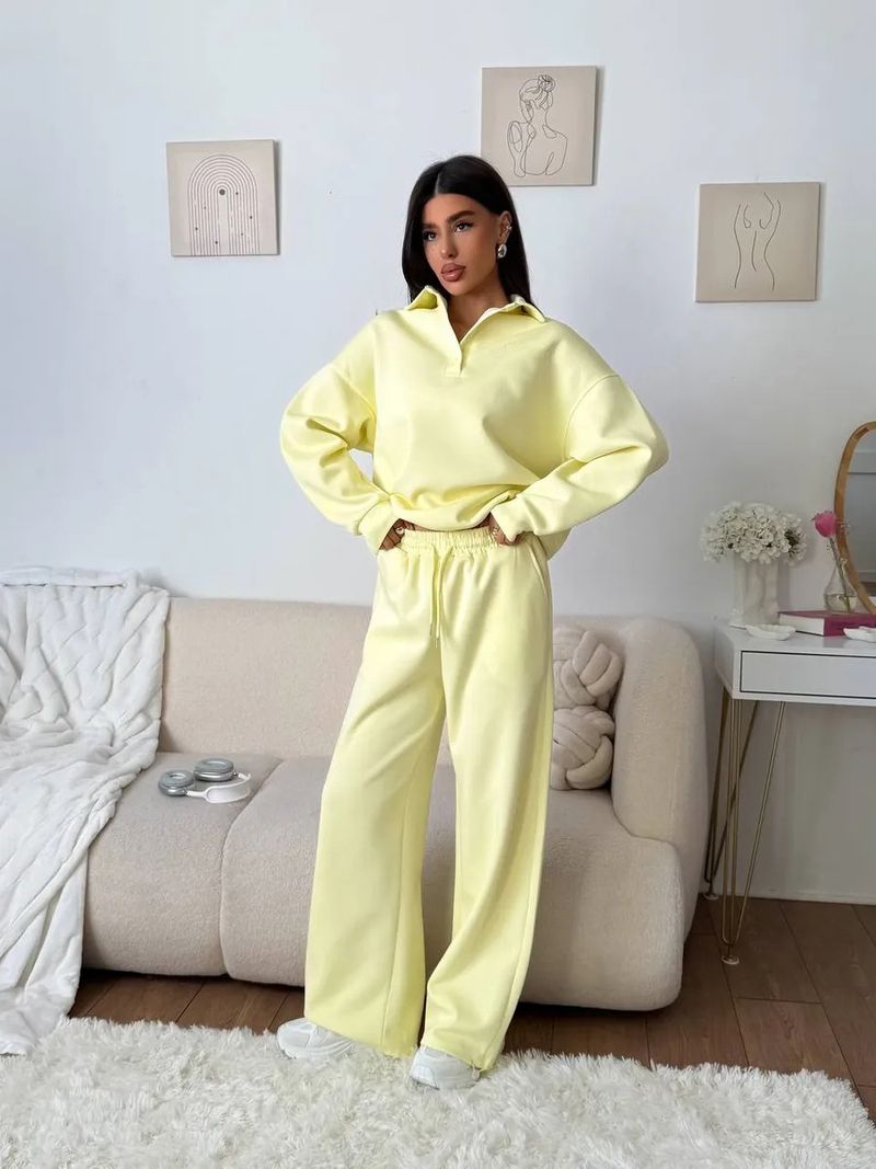 Set sportivi casual da donna, tinta unita, maniche lunghe, pullover con revers abbottonato, felpa, pantaloni con lacci, completo due pezzi_voghion.com