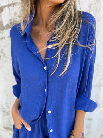 Conjunto de duas peças feminino casual de algodão e linho, cor sólida, manga comprida, camisa de tecido amassado, 2025_voghion.com