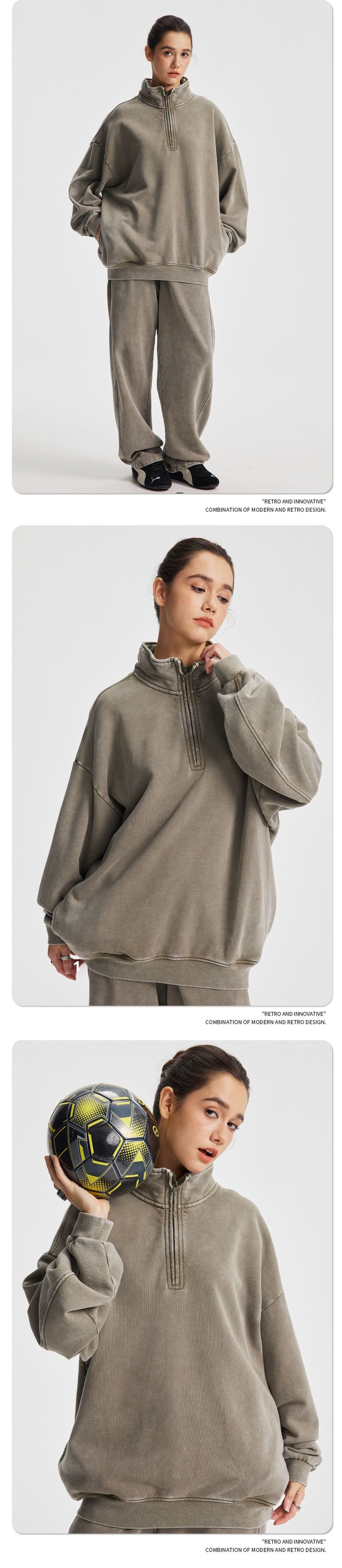 001 2025 Autumn Winter New Vintage Retro Terry Stand Collar Half-Zip Set Loose Trendy Brand Washed Sweatshirt Pants_voghion.com