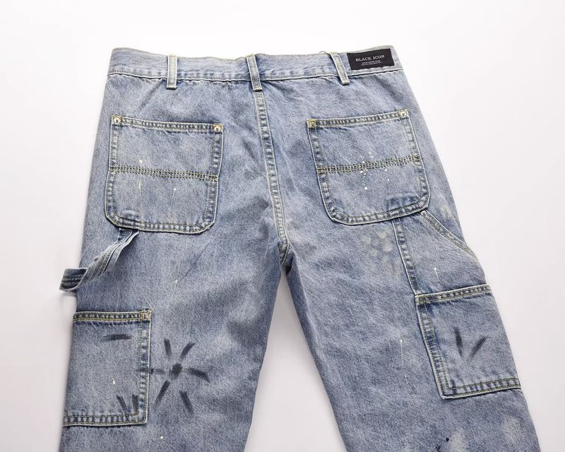 Jeans a zampa da uomo con effetto schizzi di vernice - Pantaloni in denim elasticizzato a vita bassa alla moda con design dipinto a mano (S-3XL)_voghion.com