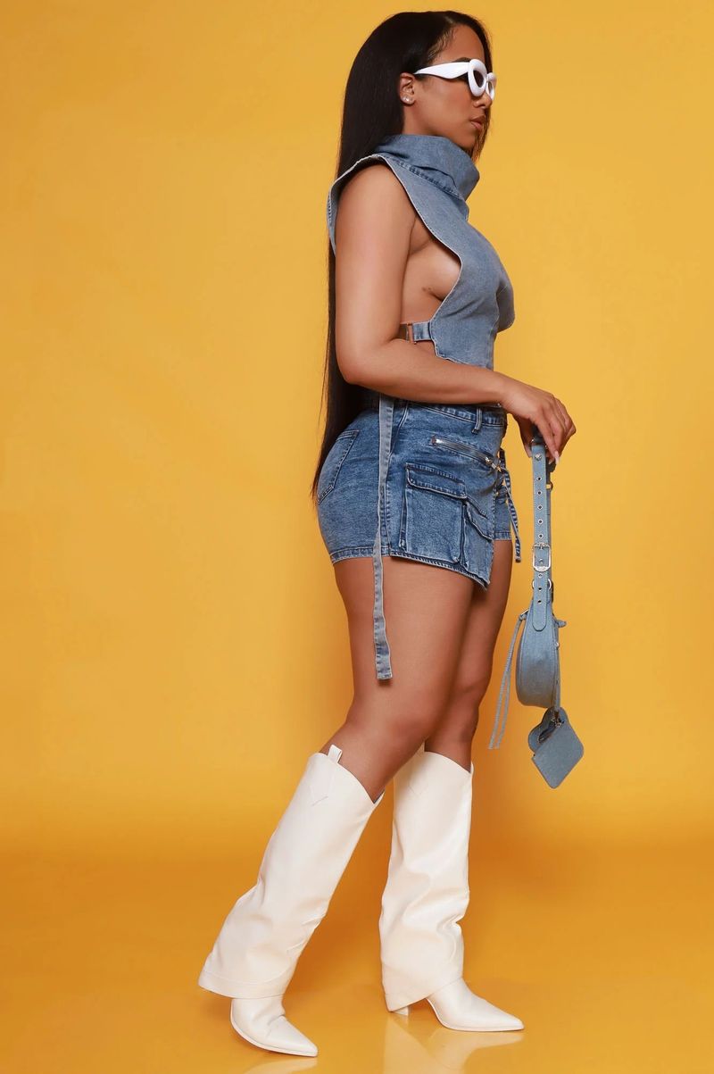 Mono de mezclilla elástico para mujer, pantalones cortos de mezclilla con múltiples bolsillos con cremallera_voghion.com