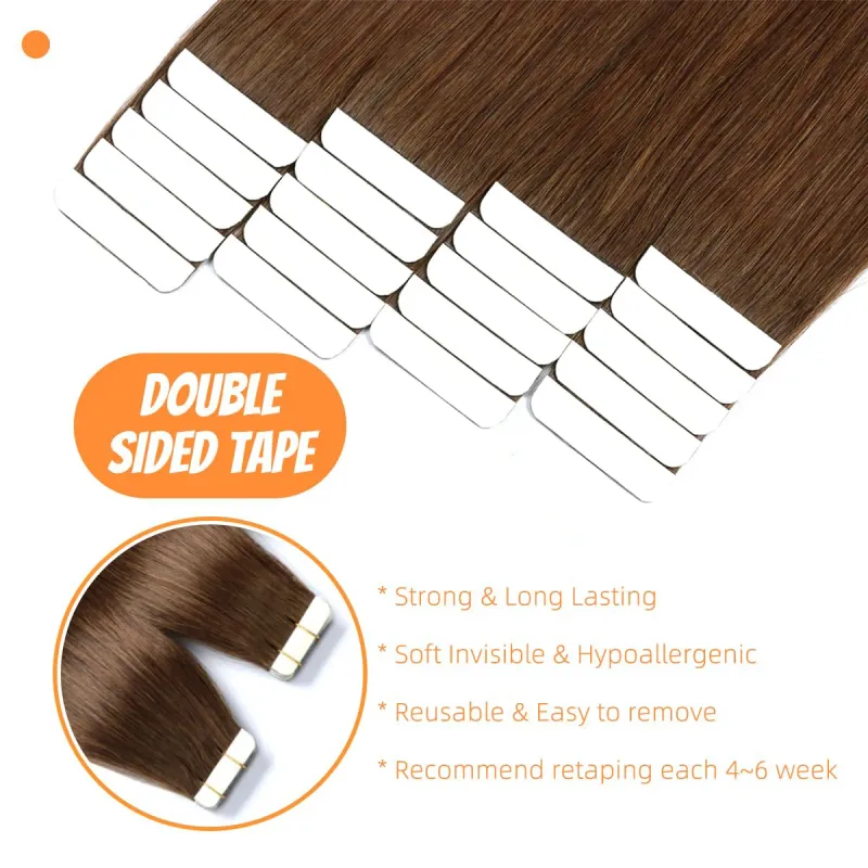 Extensiones de cabello humano con cinta adhesiva n.° 4, liso, Remy, sin costuras, trama de piel invisible, 20 unidades, 16 a 26 pulgadas_voghion.com