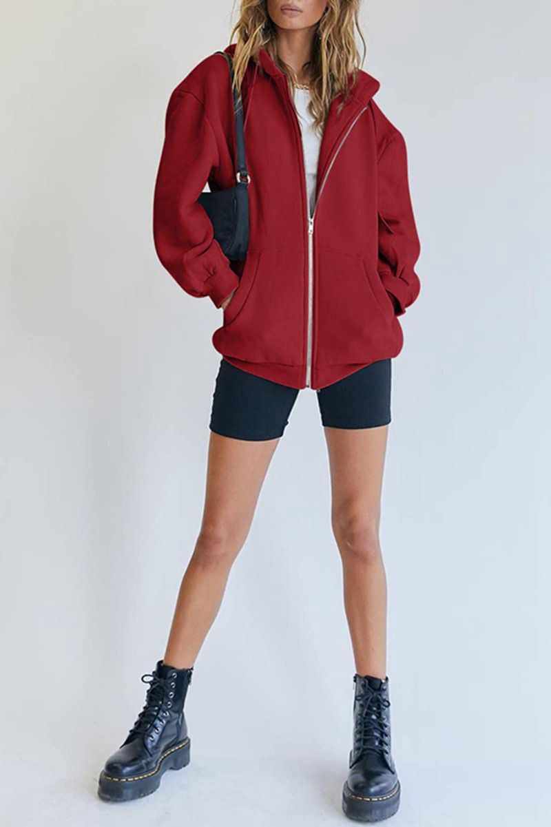 Women's Clothing Women's Cute Hooded Jacket With Drawstring - Oversized Zip-Up Sweatshirt For Teens & Girls - Cozy Fall Outerwear In Multiple Colors_voghion.com