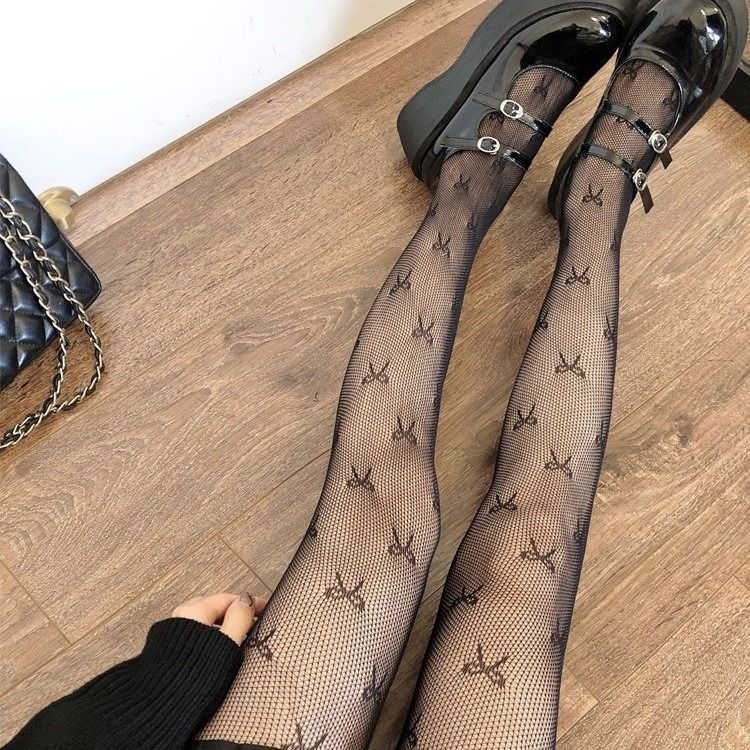 Calzini in maglia jacquard con tatuaggio a fiocco, colore nero, calzini da pesca sexy e snellenti autunnali invernali da donna, JK_voghion.com