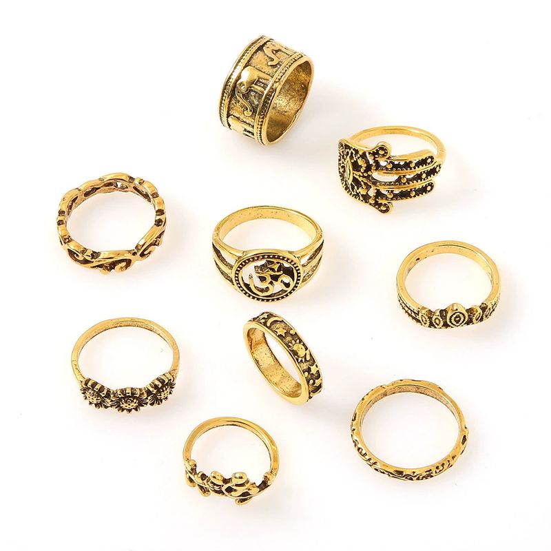 Vintage Antique Gold Color Palm Elephant Carving 9-Piece Ring Set Jewelry_voghion.com
