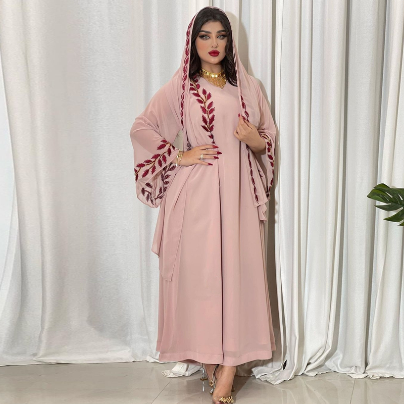 Damenmode Street Chiffon langes muslimisches besticktes rosafarbenes Rundhalskleid mit Hijab_voghion.com