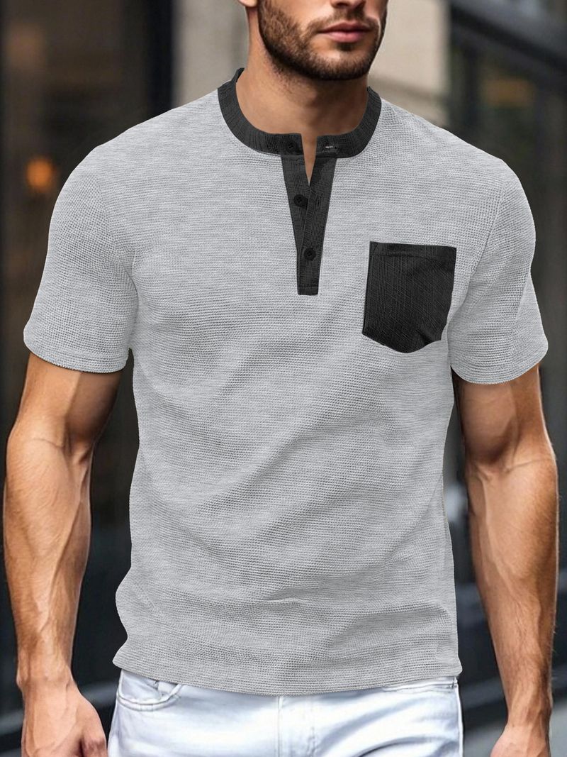 Unbeatable Quality Men's Clothing Inventory Summer New Product Machine Washable Patch Bag, Open Placket, Color Blocked Polyester Waffle_voghion.com
