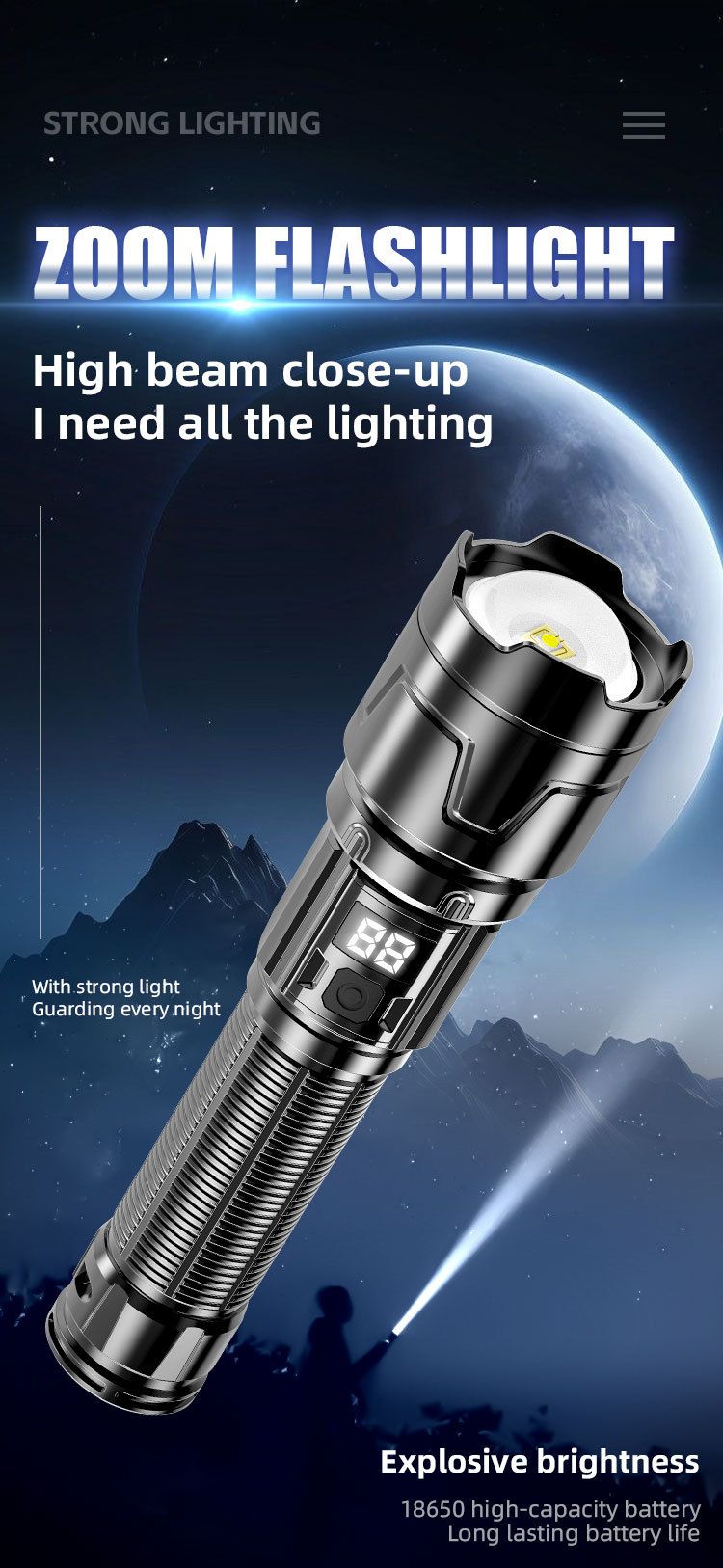 Torcia elettrica ad alta potenza con zoom telescopico e luce forte, display digitale di attrazione magnetica P50 117_voghion.com