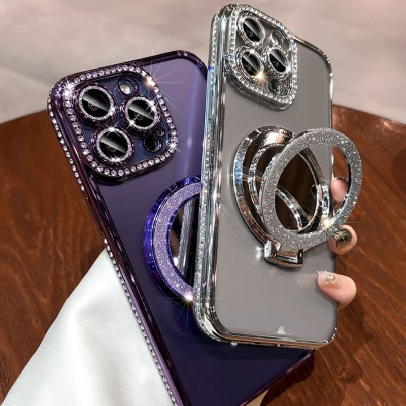 Capa de telefone com suporte de espelho de alta qualidade e glitter e strass para iPhone 15 14 11 12 13 16 Pro Max 15 Plus, capa protetora magnética transparente_voghion.com