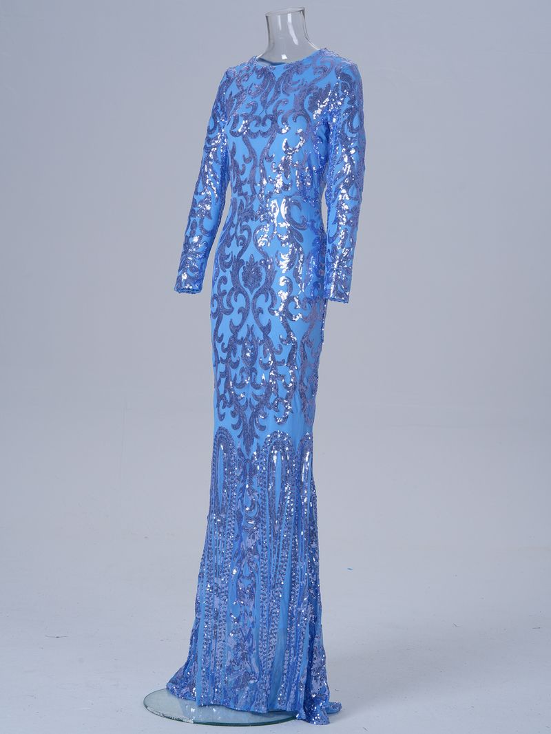 Damenbekleidung High-End Langarm Temperament Rundhalsausschnitt Sexy Lange Pailletten Bankett Abendkleid Brautjungfernkleid_voghion.com