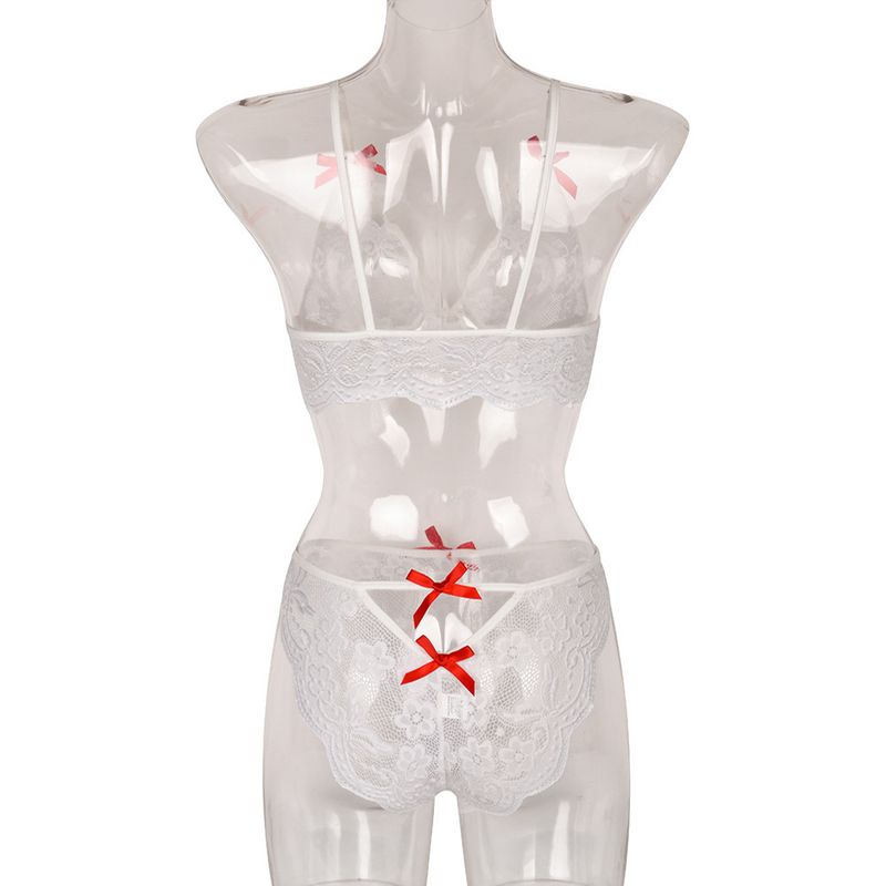 Women's Intimates New Bow Deep V Jacquard Two Piece Sexy Lingerie_voghion.com