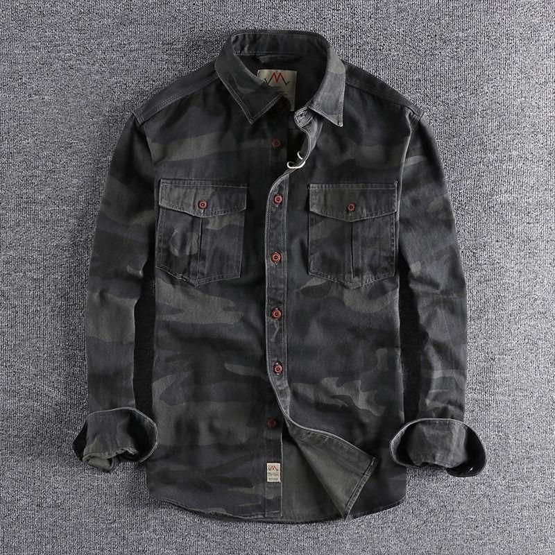 Suitable For All Seasons Double Pocket Trendy Washed Camouflage American Workwear Long Sleeve Shirt For Men Versatile Casual Military Style Youth_voghion.com