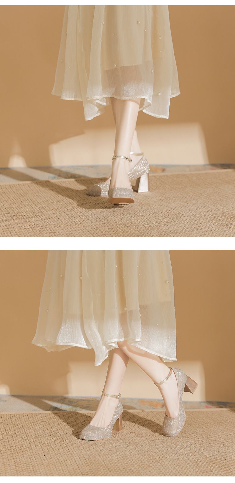 Women's Shoes One Piece Buckle Waterproof Platform Shinning Elegant Mary Jane Chunky Heel Pumps Adjustable Buckle Comfortable Square Toe High Heels_voghion.com