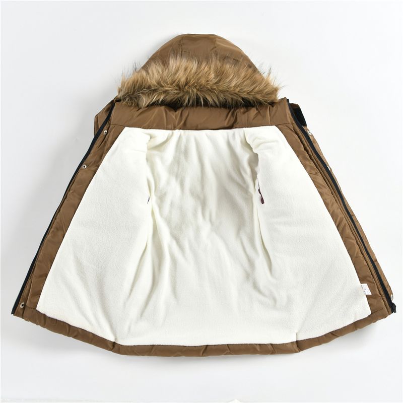 Abrigo grueso de invierno para niño: Chaqueta larga con capucha desmontable y cremallera (100-140 cm, negro/azul marino/caqui/bronce)_voghion.com