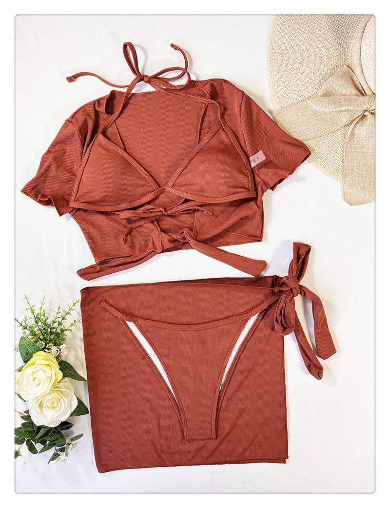Nieuwe bikini vleesbedekking en dun vierdelig badpak Badpak Dames effen kleur meerdelig badpak_voghion.com