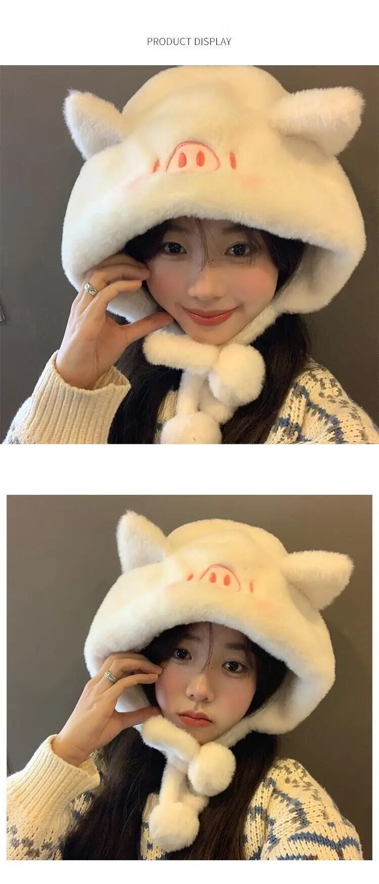 New Japanese Cute Powder Blusher Piglet Plush Hat Women's Warm Ear Protector in Autumn and Winter Lei Feng Hat Thickened Big Waist Hat_voghion.com
