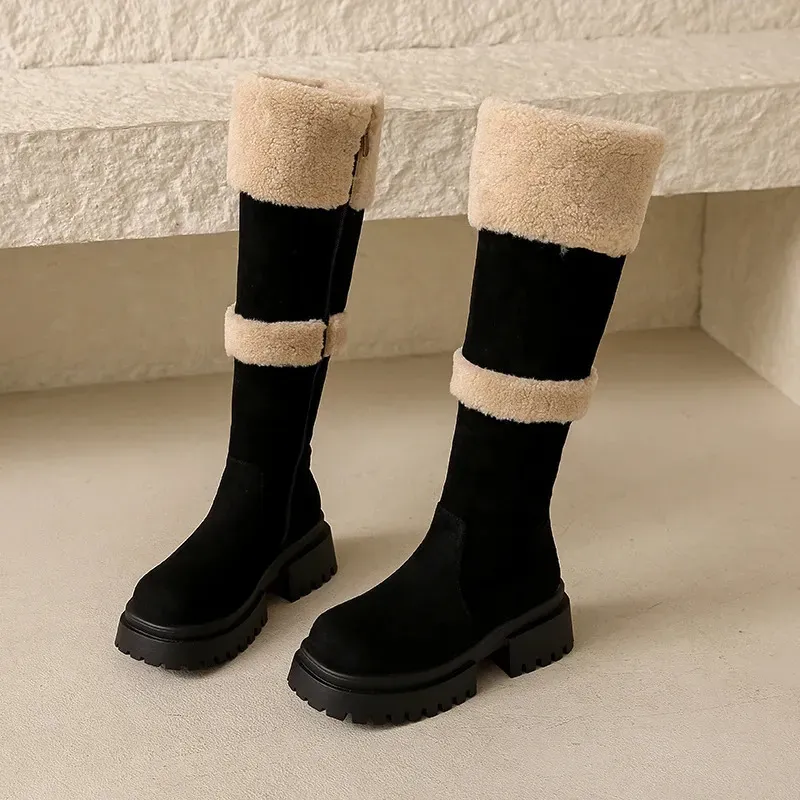 Winter Women Warm Plush Knee High Boots Concise Square Heels Shoes Ladies Slip On Long Botas De Mujer 250106_voghion.com