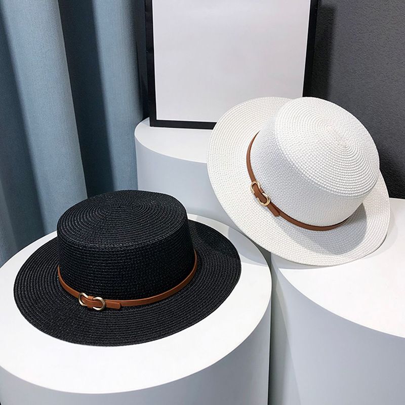 Französischer Strohhut für Damen, Sonnenschutz, Sommergras, gestrickt, flache Kante, für den Urlaub, Strand, Sonnenschutz_voghion.com