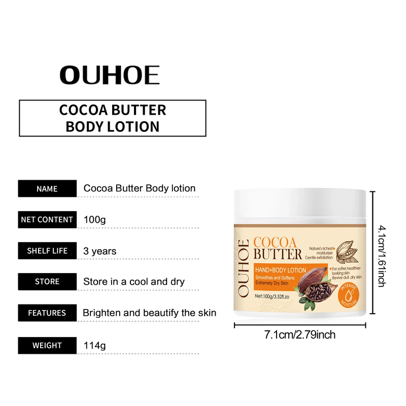 Aufhellende Körperlotion, entfernt Melanin, hellt dunkle Flecken auf, Anti-Aging, glättet, macht weich, spendet Feuchtigkeit, erhellt die Haut, Kakaobuttercreme_voghion.com