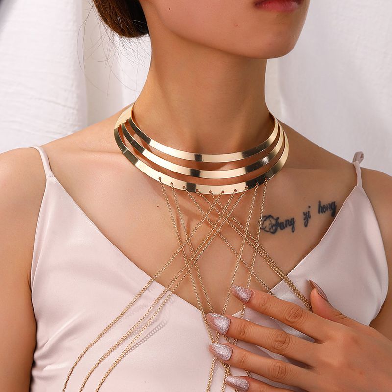 Fashionable hollowed out glossy metal collar, beach leisure body chain, pendant, tassel necklace, chest chain_voghion.com